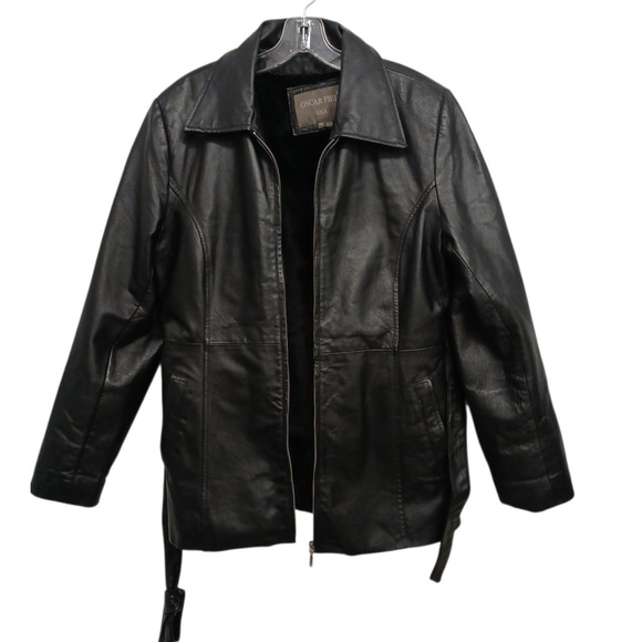 Oscar Piel Leather Jacket w Removable Liner Faux Fur Sz M Black Classic Preppy - Picture 3 of 16